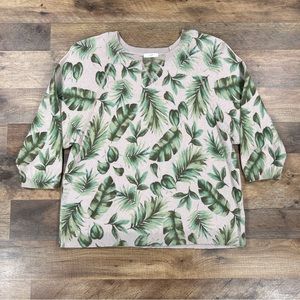 J Jill Sweater Womens XS Beige Green Floral 3/4 Sleeve Crew Neck Top